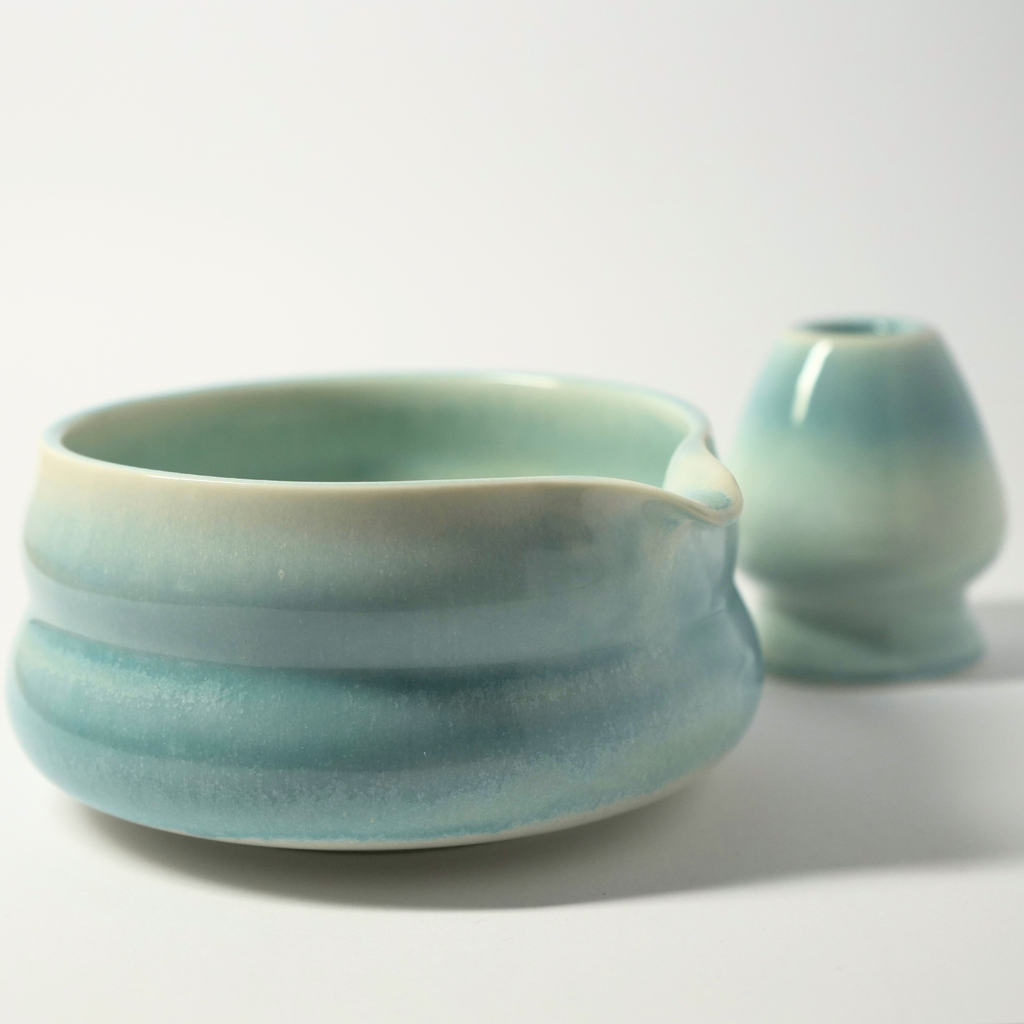 Blå matcha skål + visp holder (Sett)